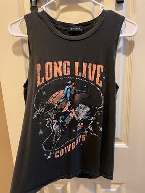 Long Live Cowboys Graphic Muscle Tank - Black with Coral & Blue Print